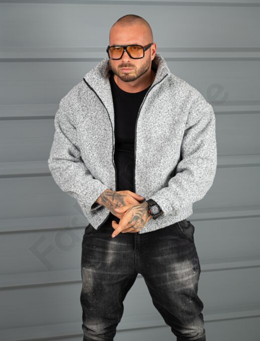 Geaca groasa Oversize pentru barbati din bucle cu guler inalt-gri melanj cod 26030-1