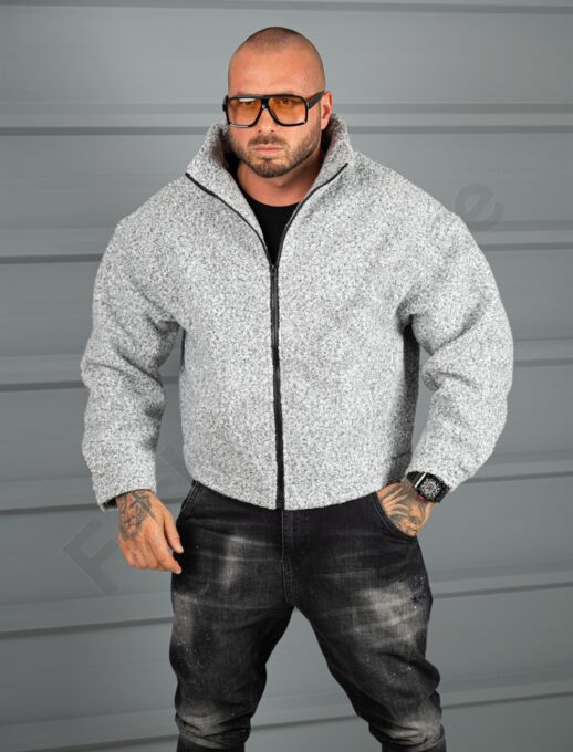 Geaca groasa Oversize pentru barbati din bucle cu guler inalt-gri melanj cod 26030-1
