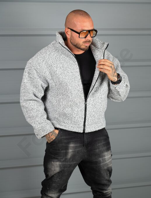 Geaca groasa Oversize pentru barbati din bucle cu guler inalt-gri melanj cod 26030-1