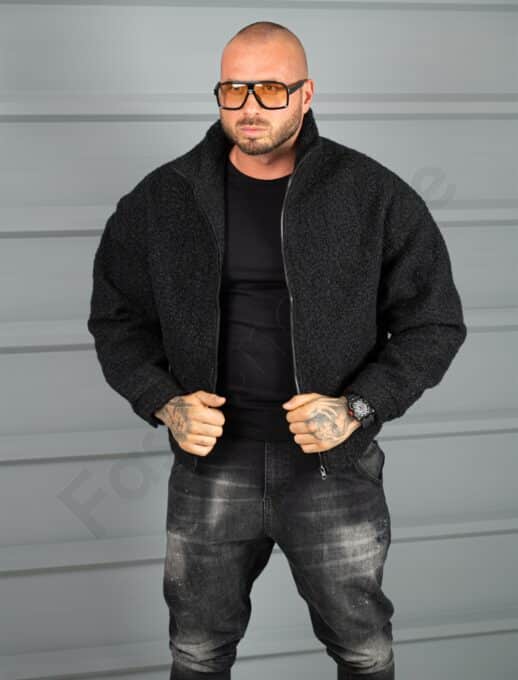 Geaca groasa Oversize pentru barbati din bucle cu guler inalt-negru cod 26030