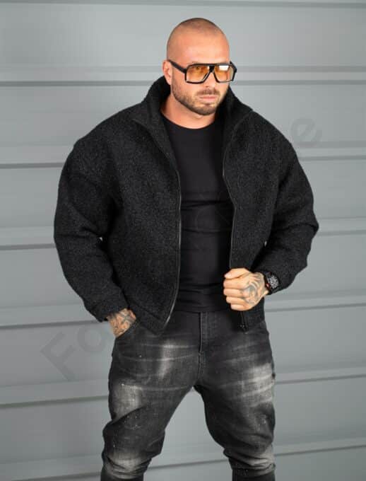 Geaca groasa Oversize pentru barbati din bucle cu guler inalt-negru cod 26030