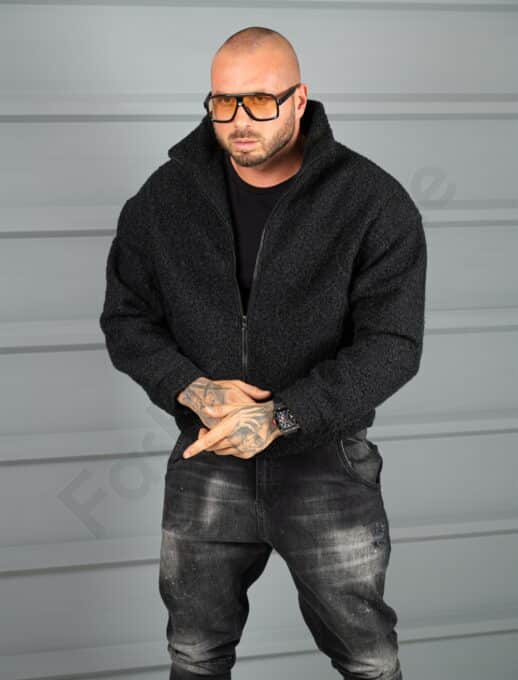 Geaca groasa Oversize pentru barbati din bucle cu guler inalt-negru cod 26030
