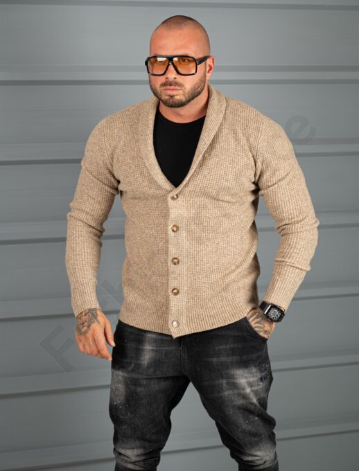 Cardigan tricotat pentru barbati cu guler șal-bej cod 68149-1