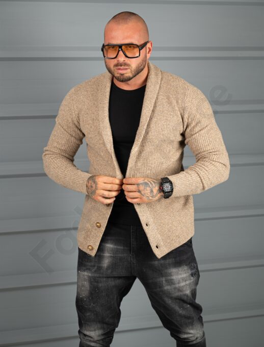 Cardigan tricotat pentru barbati cu guler șal-bej cod 68149-1