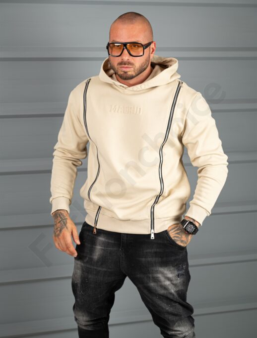 Hanorac hoodie gros cu fermoare si gluga-bej cod 26695-1