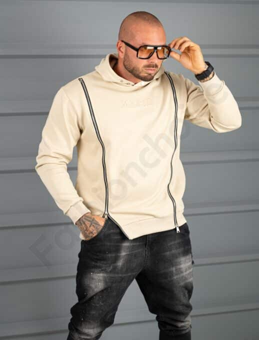 Hanorac hoodie gros cu fermoare si gluga-bej cod 26695-1
