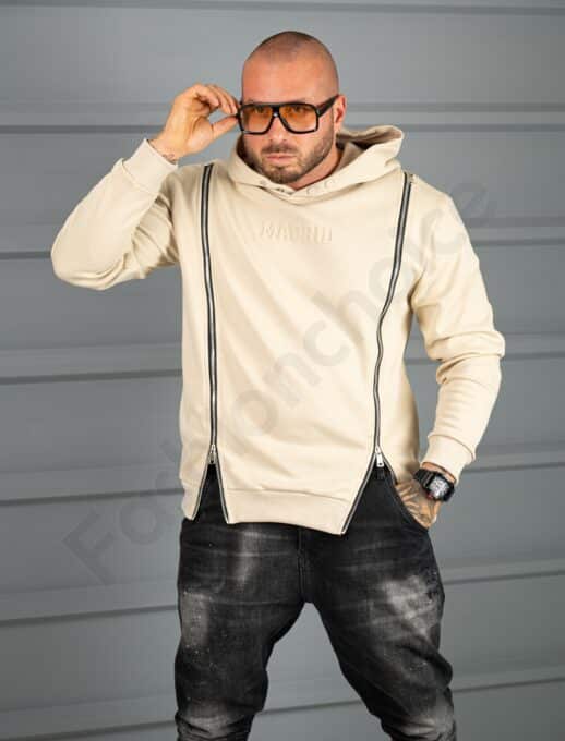 Hanorac hoodie gros cu fermoare si gluga-bej cod 26695-1