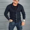 Cardigan tricotat pentru barbati cu guler șal-albastru inchis cod 68149-2