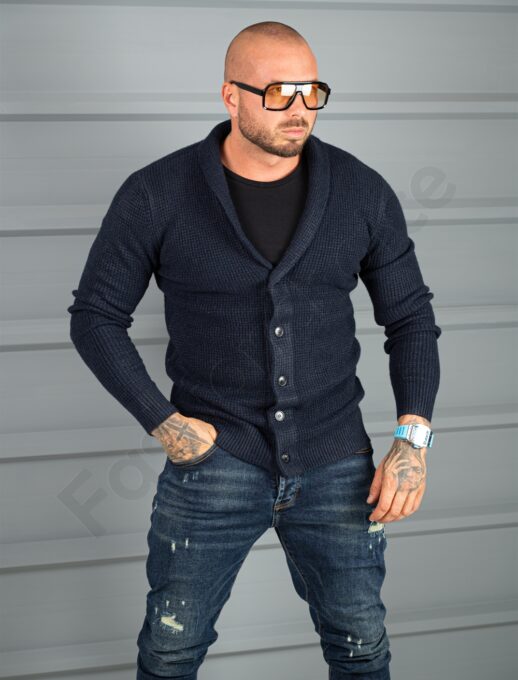 Cardigan tricotat pentru barbati cu guler șal-albastru inchis cod 68149-2