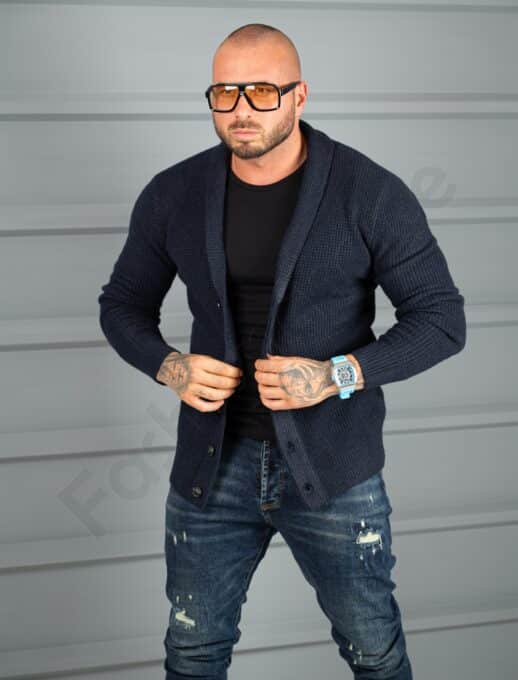 Cardigan tricotat pentru barbati cu guler șal-albastru inchis cod 68149-2