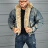 Geaca bomber pentru iarna din denim cu guler si blana eco-vintage albastru cod 26702