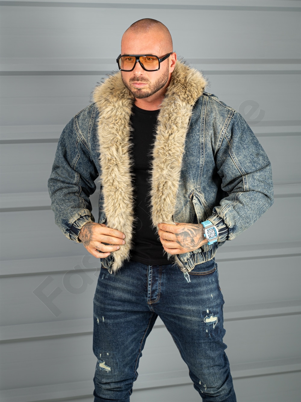 Geaca bomber pentru iarna din denim cu guler si blana eco-vintage albastru cod 26702