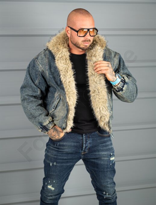 Geaca bomber pentru iarna din denim cu guler si blana eco-vintage albastru cod 26702