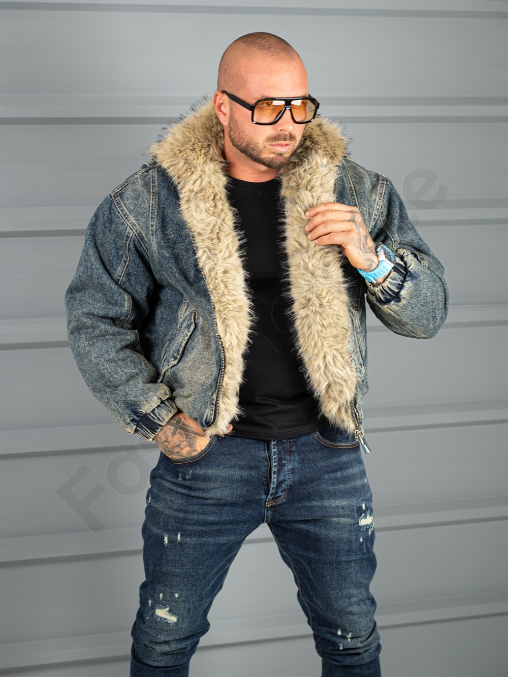 Geaca bomber pentru iarna din denim cu guler si blana eco-vintage albastru cod 26702