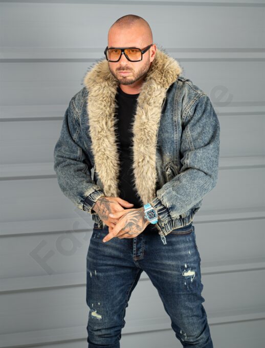 Geaca bomber pentru iarna din denim cu guler si blana eco-vintage albastru cod 26702
