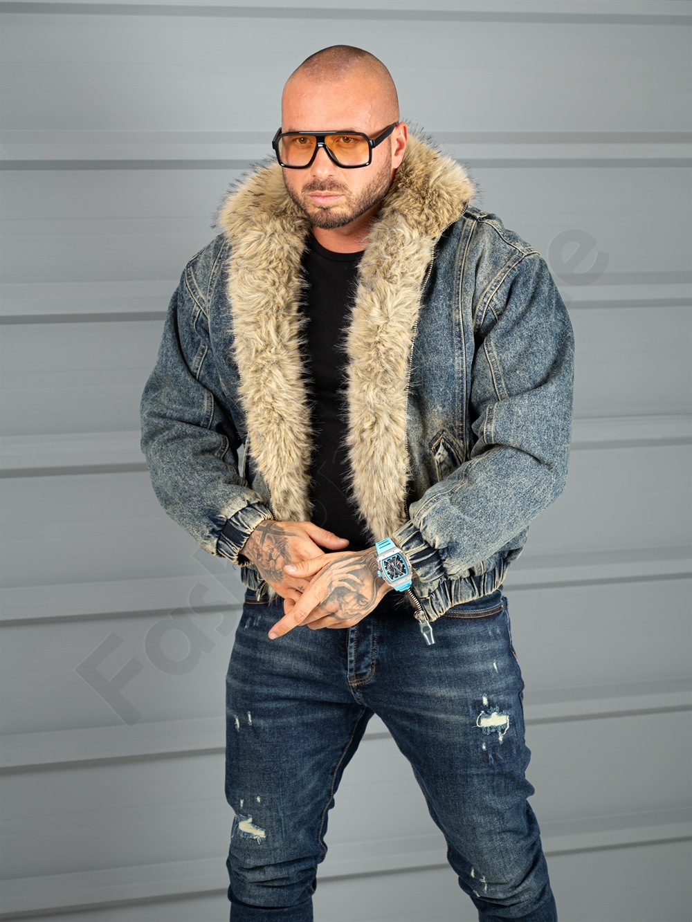 Geaca bomber pentru iarna din denim cu guler si blana eco-vintage albastru cod 26702