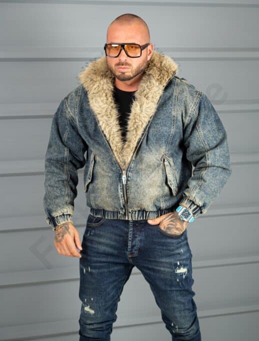 Geaca bomber pentru iarna din denim cu guler si blana eco-vintage albastru cod 26702