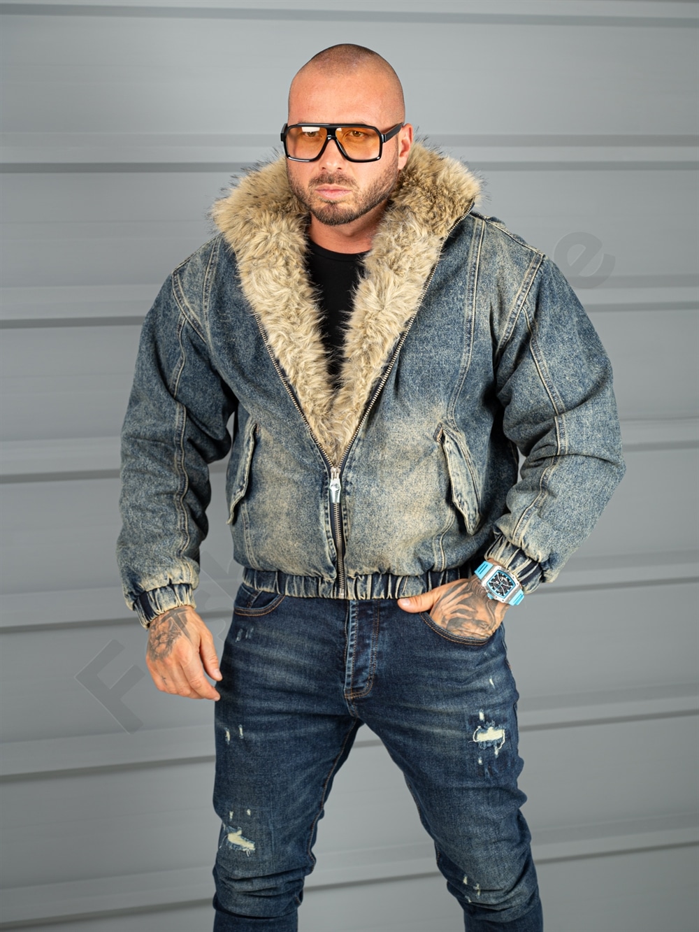 Geaca bomber pentru iarna din denim cu guler si blana eco-vintage albastru cod 26702