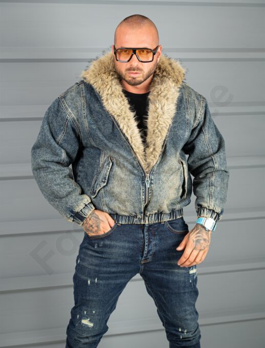 Geaca bomber pentru iarna din denim cu guler si blana eco-vintage albastru cod 26702