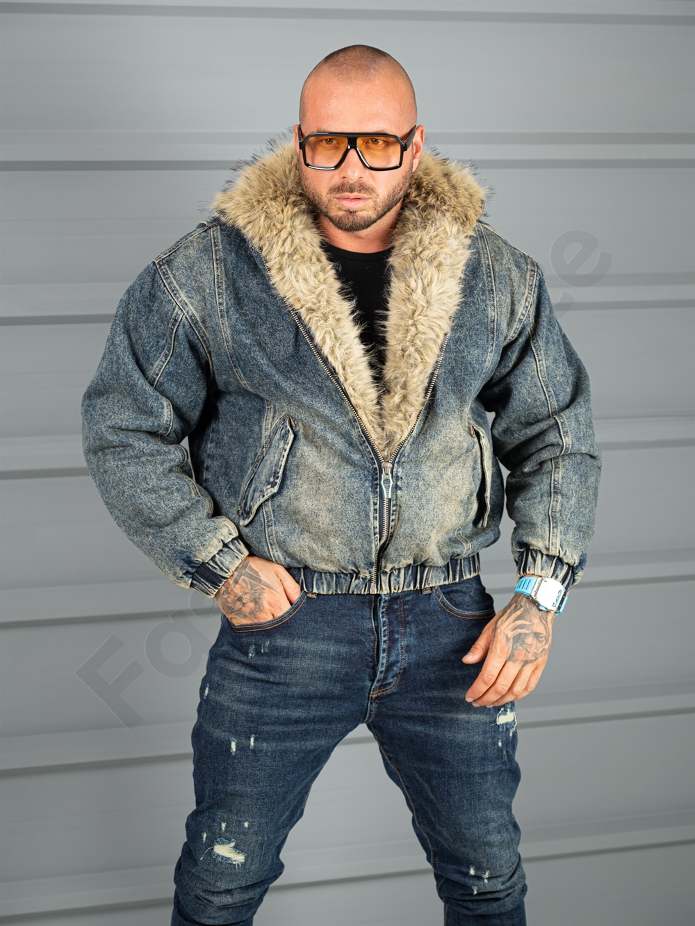 Geaca bomber pentru iarna din denim cu guler si blana eco-vintage albastru cod 26702