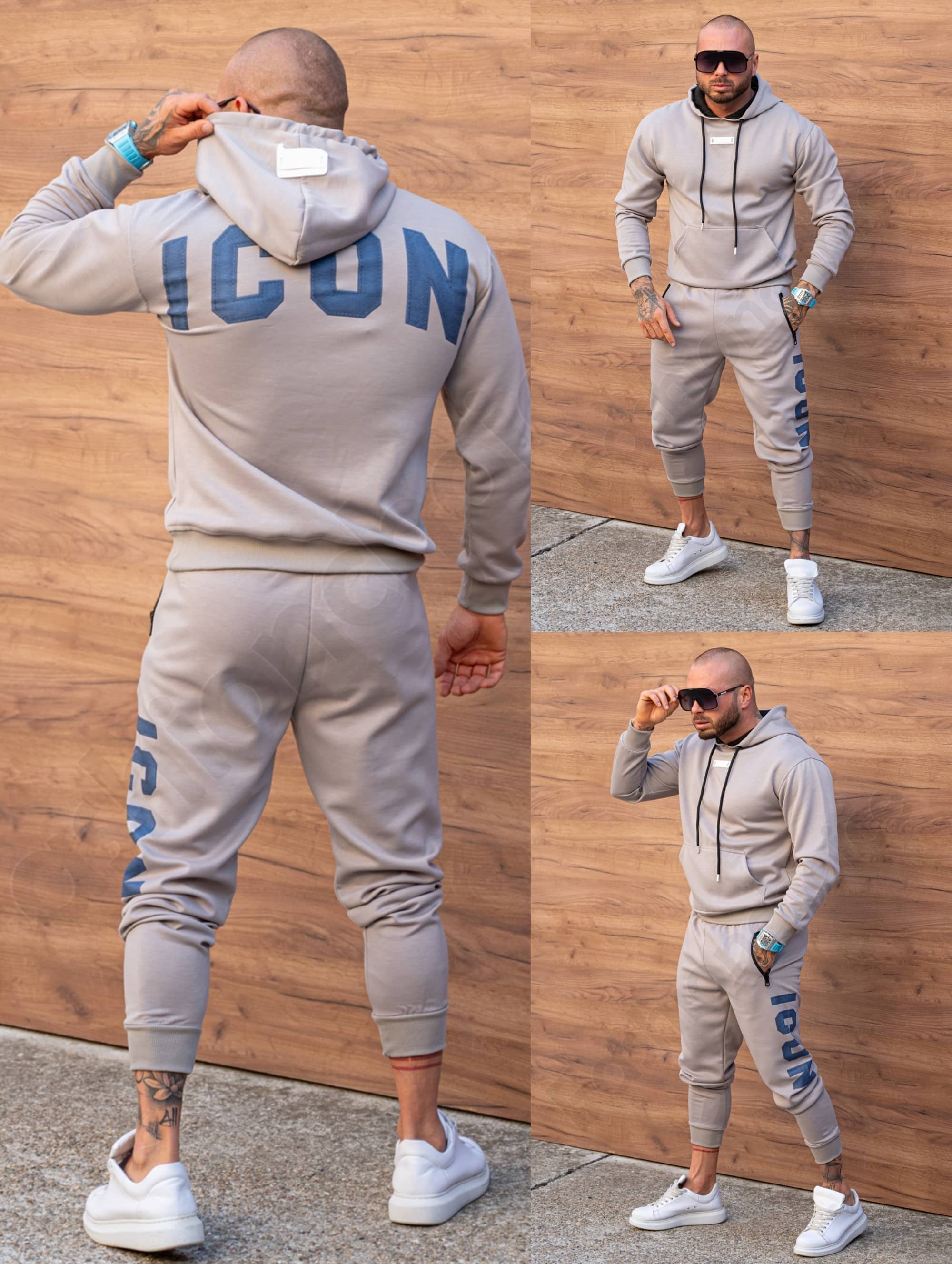 Compleu pentru barbati cu hanorac hoodie si imprimeuri ICON-moca cod 601-2