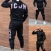 Compleu pentru barbati cu hanorac hoodie si imprimeuri ICON-negru cod 601