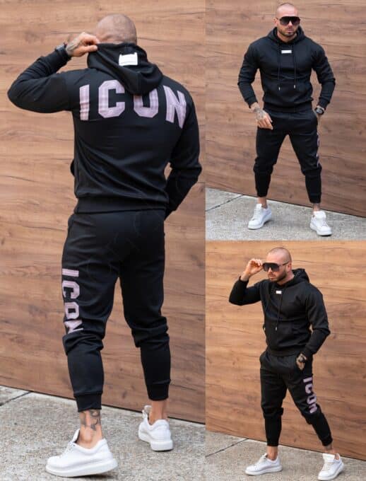 Compleu pentru barbati cu hanorac hoodie si imprimeuri ICON-negru cod 601