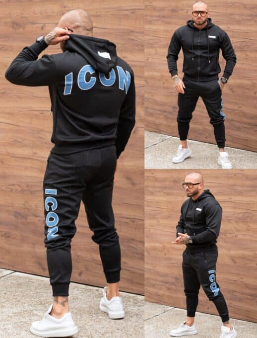 Compleu sport pentru barbati cu broderie ICON si gluga-negru cod 602