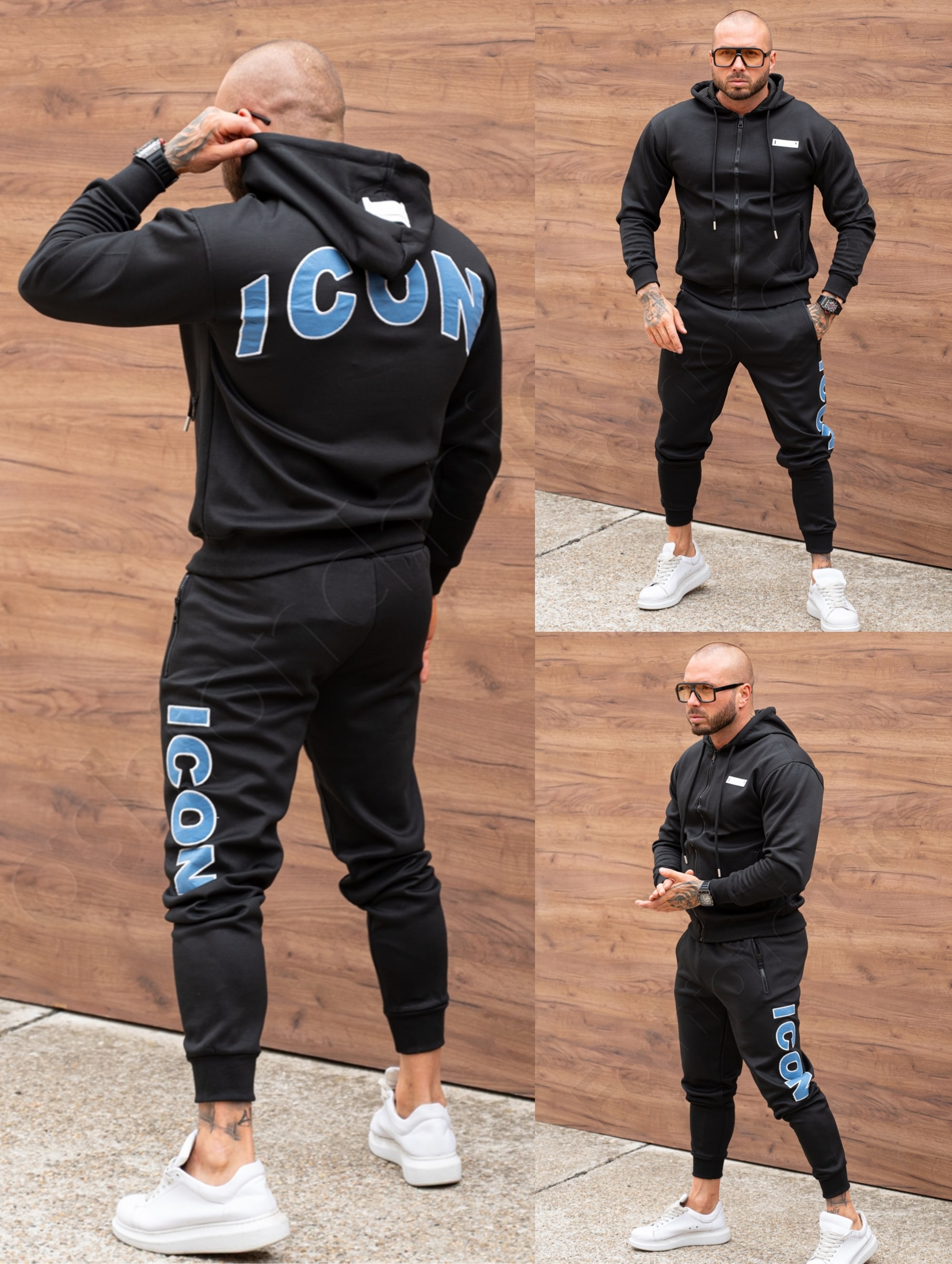 Compleu sport pentru barbati cu broderie ICON si gluga-negru cod 602