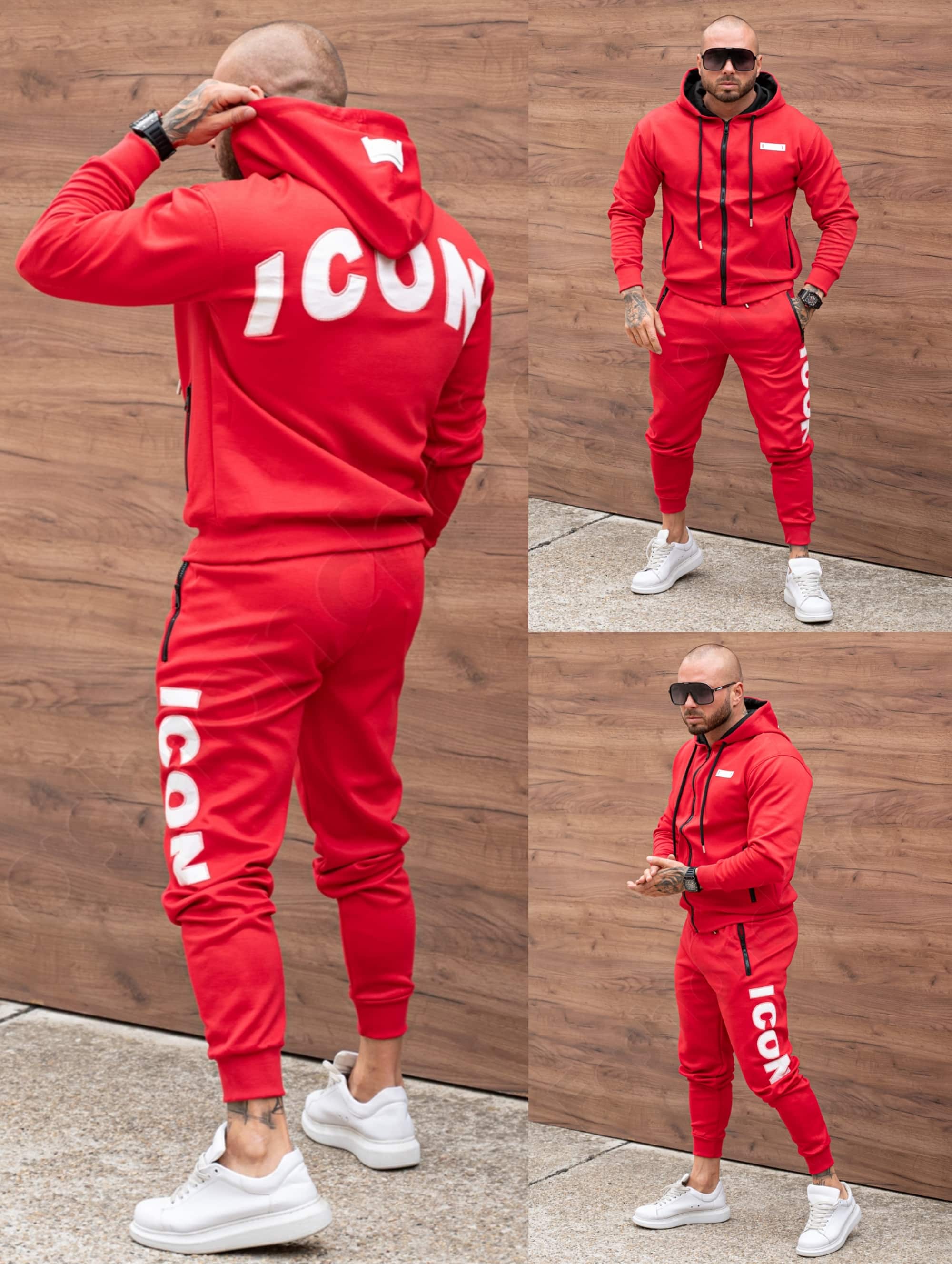 Compleu sport pentru barbati cu broderie ICON si gluga-rosu cod 602-1