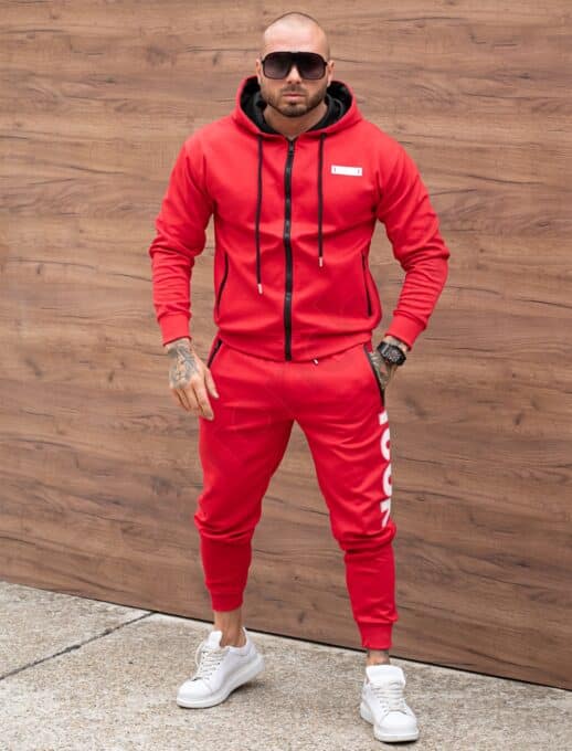 Compleu sport pentru barbati cu broderie ICON si gluga-rosu cod 602-1