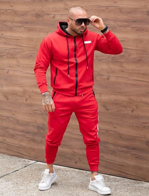 Compleu sport pentru barbati cu broderie ICON si gluga-rosu cod 602-1