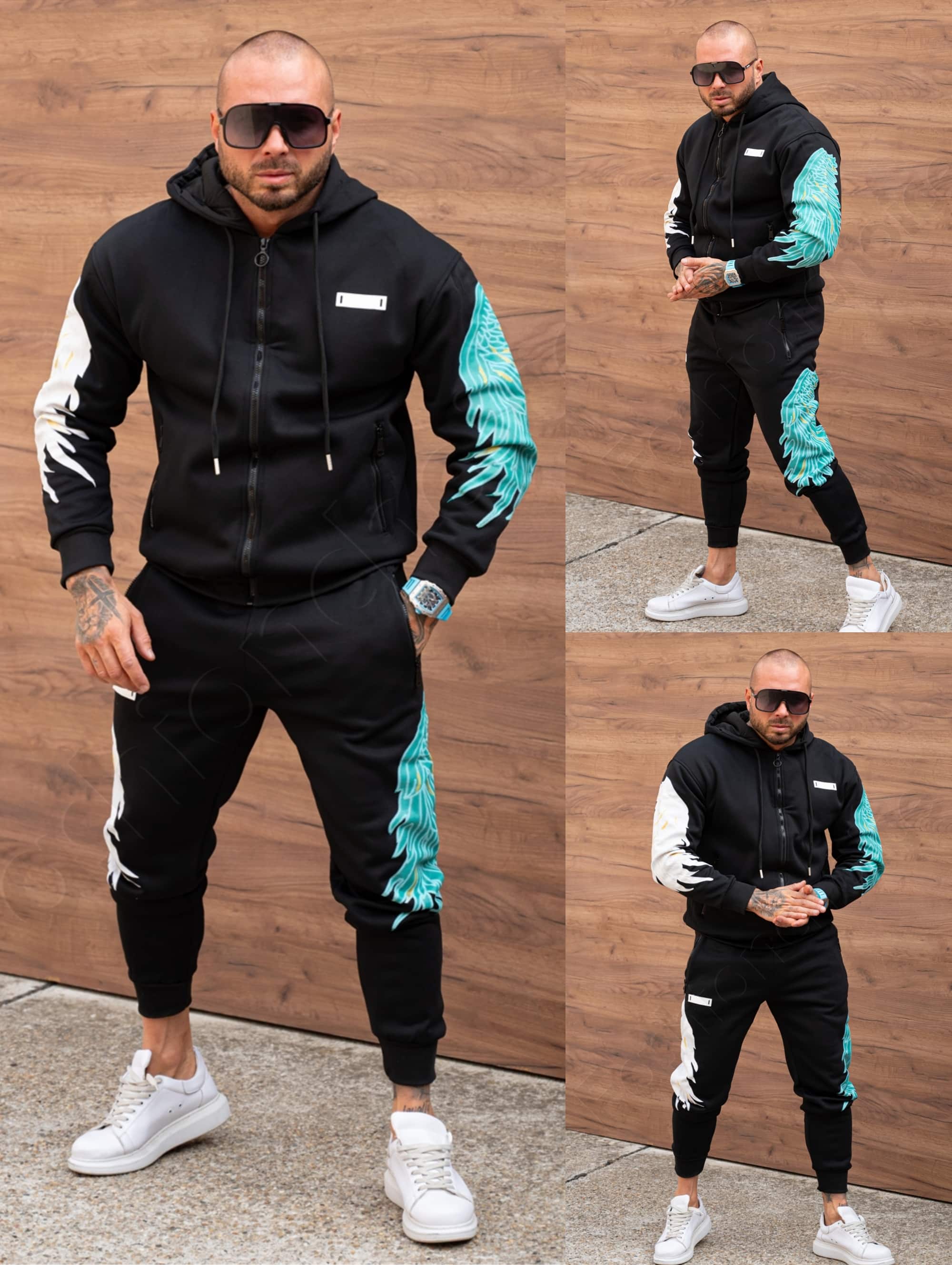Compleu vatuit pentru barbati cu imprimeuri multicolor-negru cod 630