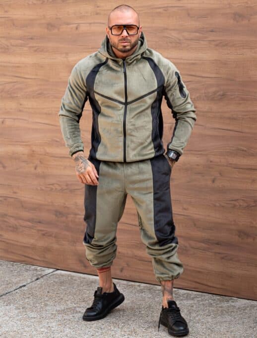 Compleu sport pentru barbati din plus cu platca contrastanta-kaki cod 2117-1