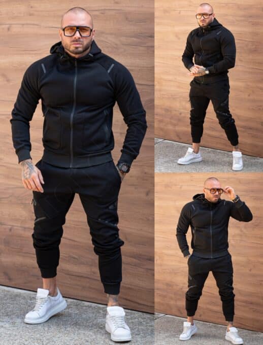 Compleu vatuit pentru barbati cu gluga pe dupa model Nike-negru cod 150