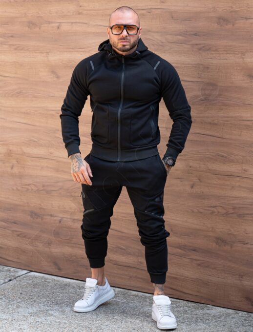 Compleu vatuit pentru barbati cu gluga pe dupa model Nike-negru cod 150