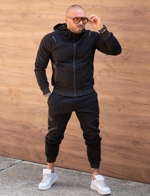 Compleu vatuit pentru barbati cu gluga pe dupa model Nike-negru cod 150