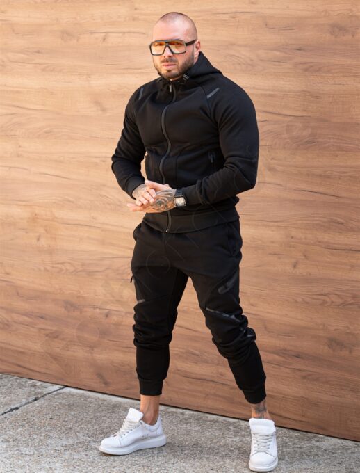 Compleu vatuit pentru barbati cu gluga pe dupa model Nike-negru cod 150