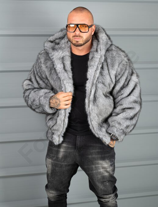 Geaca barbati din blana eco cu gluga THE WOLF-gri cod 10H03