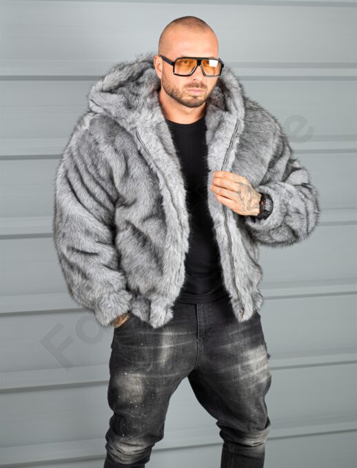 Geaca barbati din blana eco cu gluga THE WOLF-gri cod 10H03