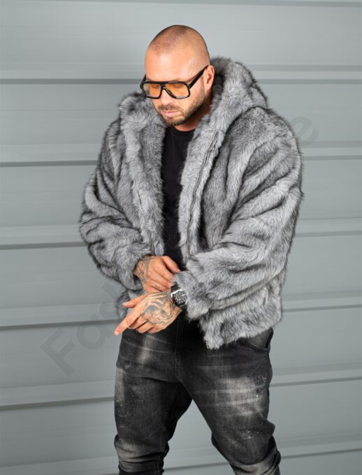 Geaca barbati din blana eco cu gluga THE WOLF-gri cod 10H03