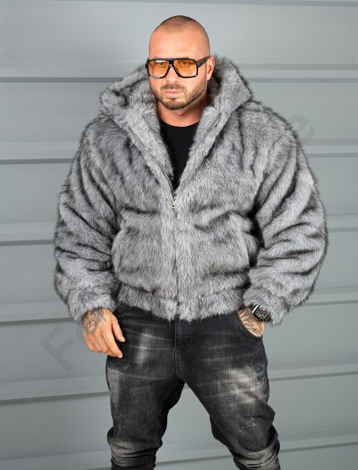Geaca barbati din blana eco cu gluga THE WOLF-gri cod 10H03