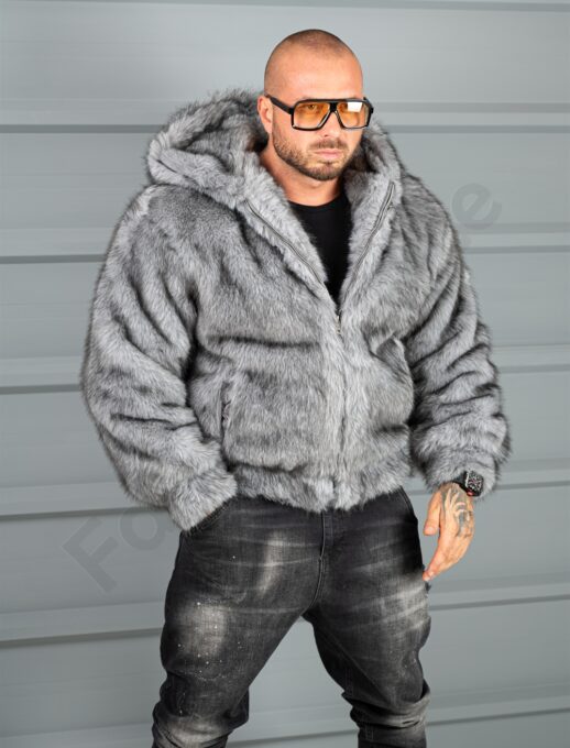Geaca barbati din blana eco cu gluga THE WOLF-gri cod 10H03