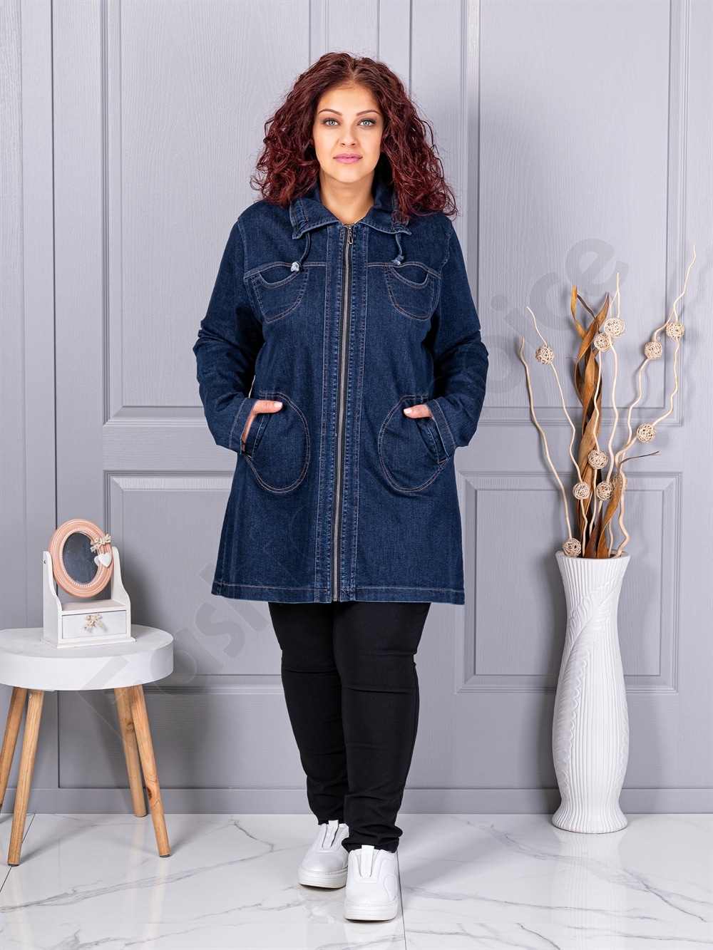 Trenci maxi gros de dama din denim elastic cod 26231