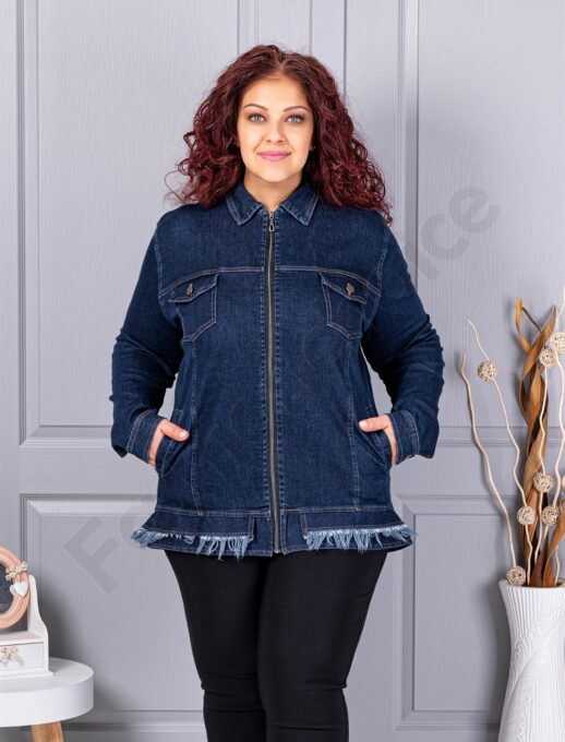 Geaca maxi groasa din denim elastic cu efect franjurat cod 26217