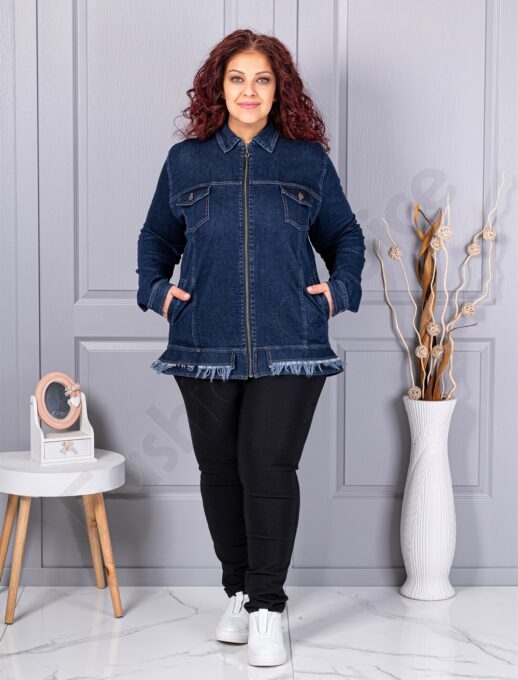 Geaca maxi groasa din denim elastic cu efect franjurat cod 26217