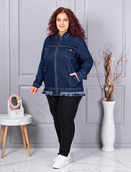 Geaca maxi groasa din denim elastic cu efect franjurat cod 26217