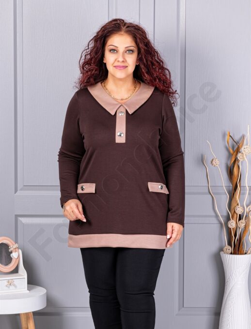 Tunica maxi eleganta cu guler si nasturi-maro cod 1475-4