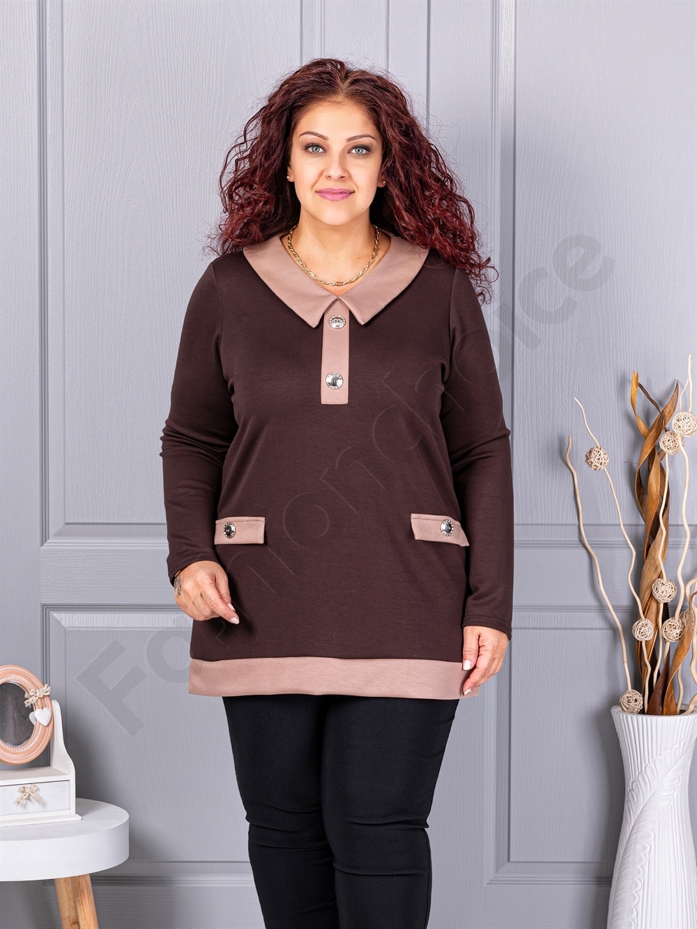 Tunica maxi eleganta cu guler si nasturi-maro cod 1475-4