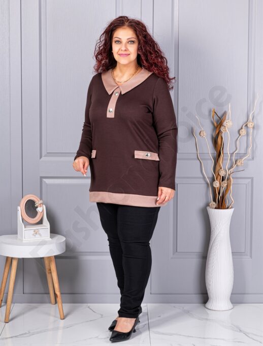 Tunica maxi eleganta cu guler si nasturi-maro cod 1475-4